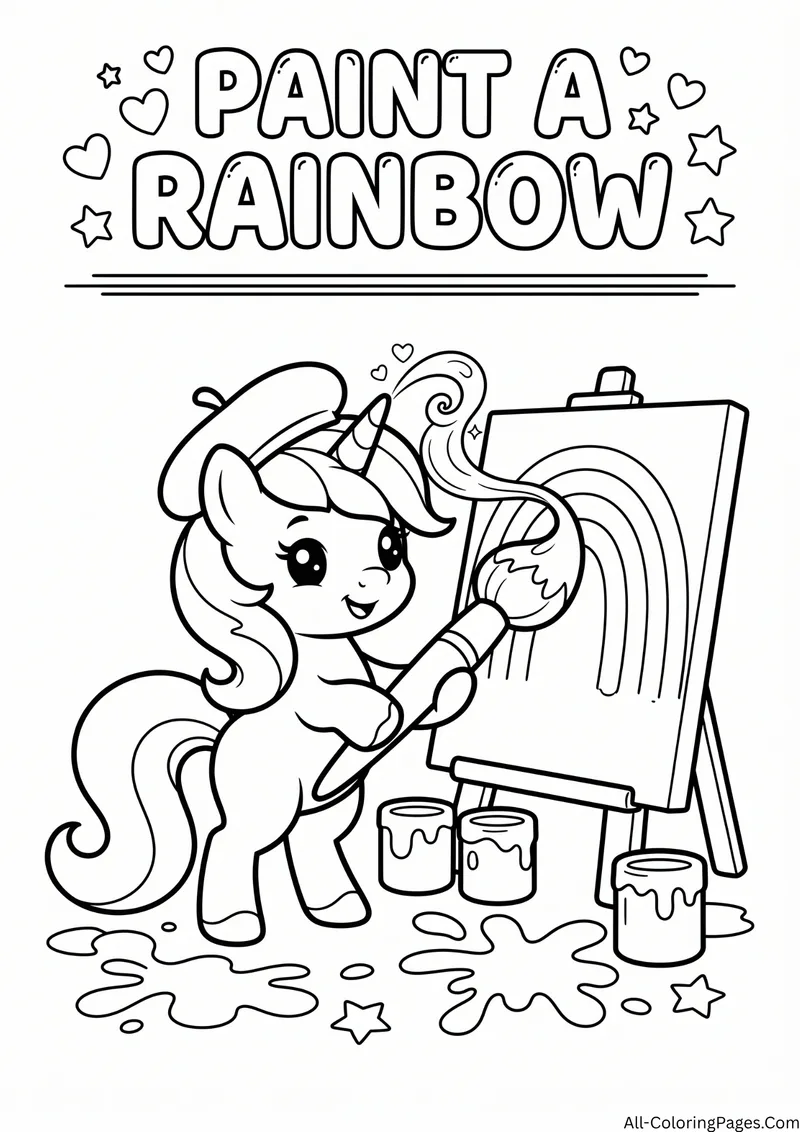 Unicorn wearing a beret painting a rainbow on an easel with paint pots and splashes, with the title Paint a Rainbow
