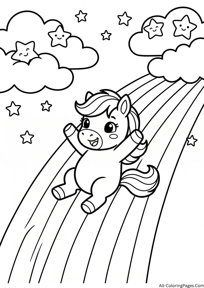Happy pony sliding down a big rainbow with smiling stars and clouds