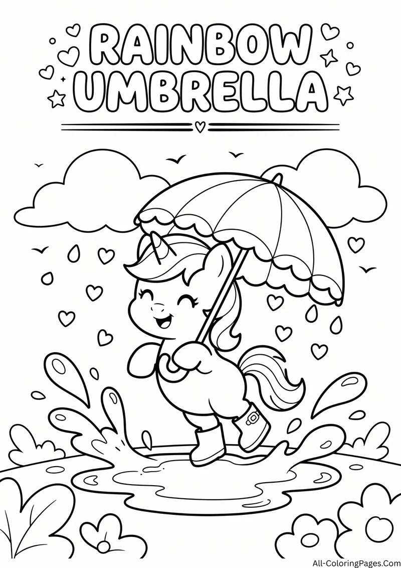 Unicorn in rain boots holding an umbrella and splashing in a puddle, with the title Rainbow Umbrella