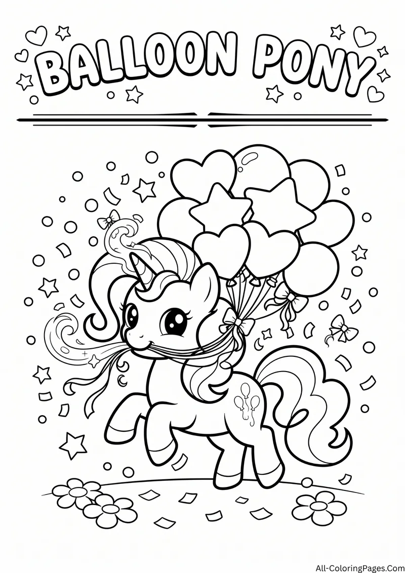 Unicorn holding a bunch of heart and star balloons surrounded by confetti, with the title Balloon Pony