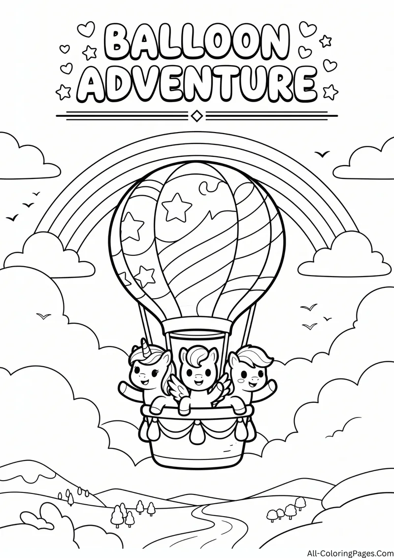 Three ponies riding in a hot air balloon with a rainbow, clouds and hills below, with the title Balloon Adventure