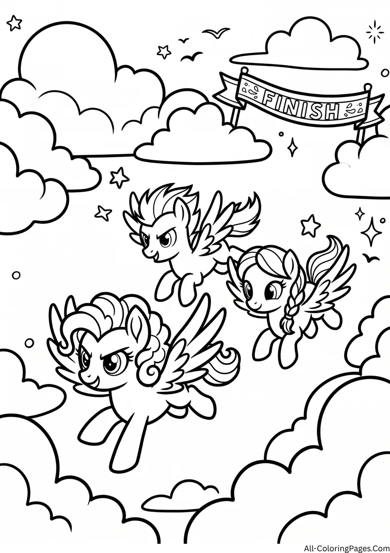 Three pegasus ponies racing through clouds toward a finish banner