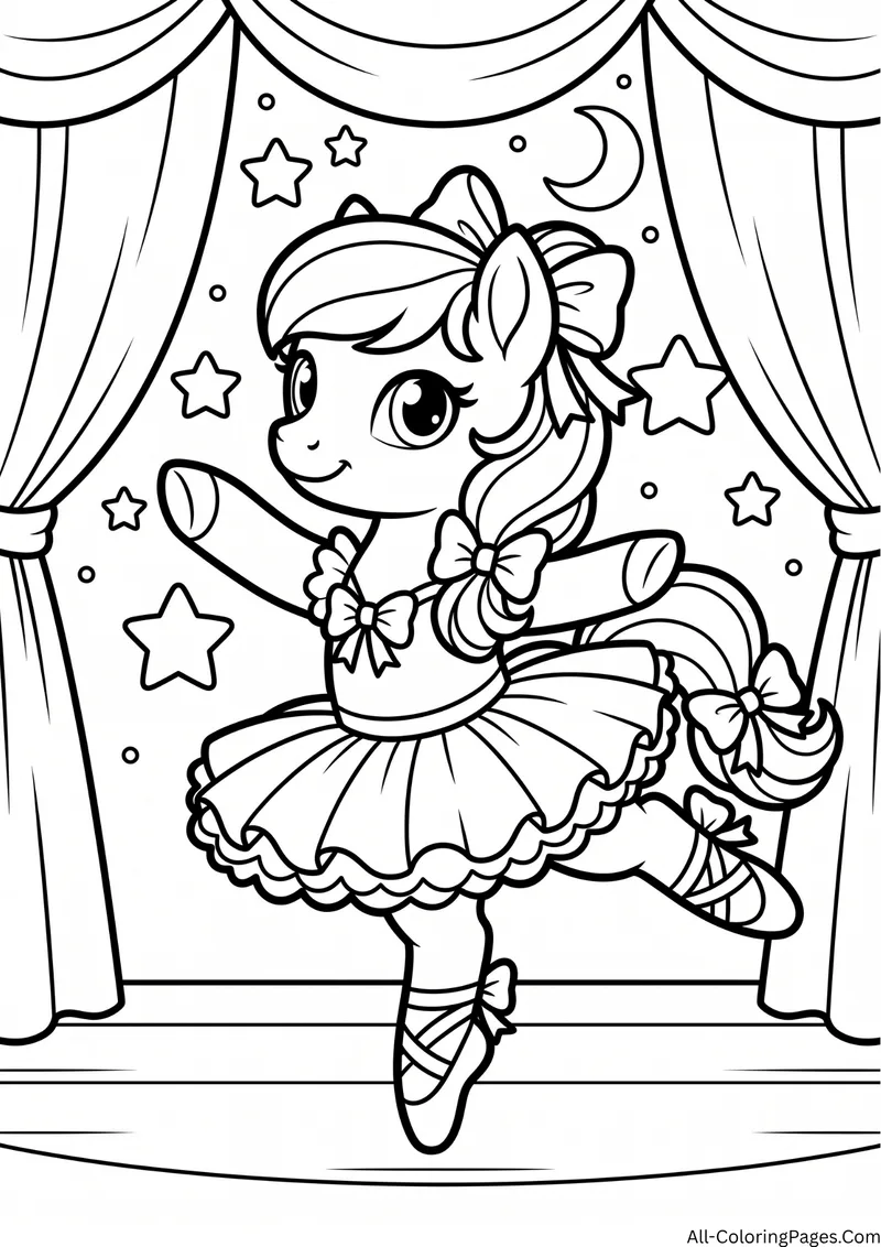 Pony ballerina in a tutu dancing on a stage with curtains, stars and a moon