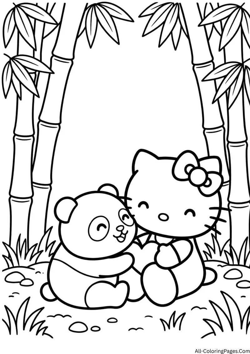 Hello Kitty hugging a baby panda between tall bamboo stalks