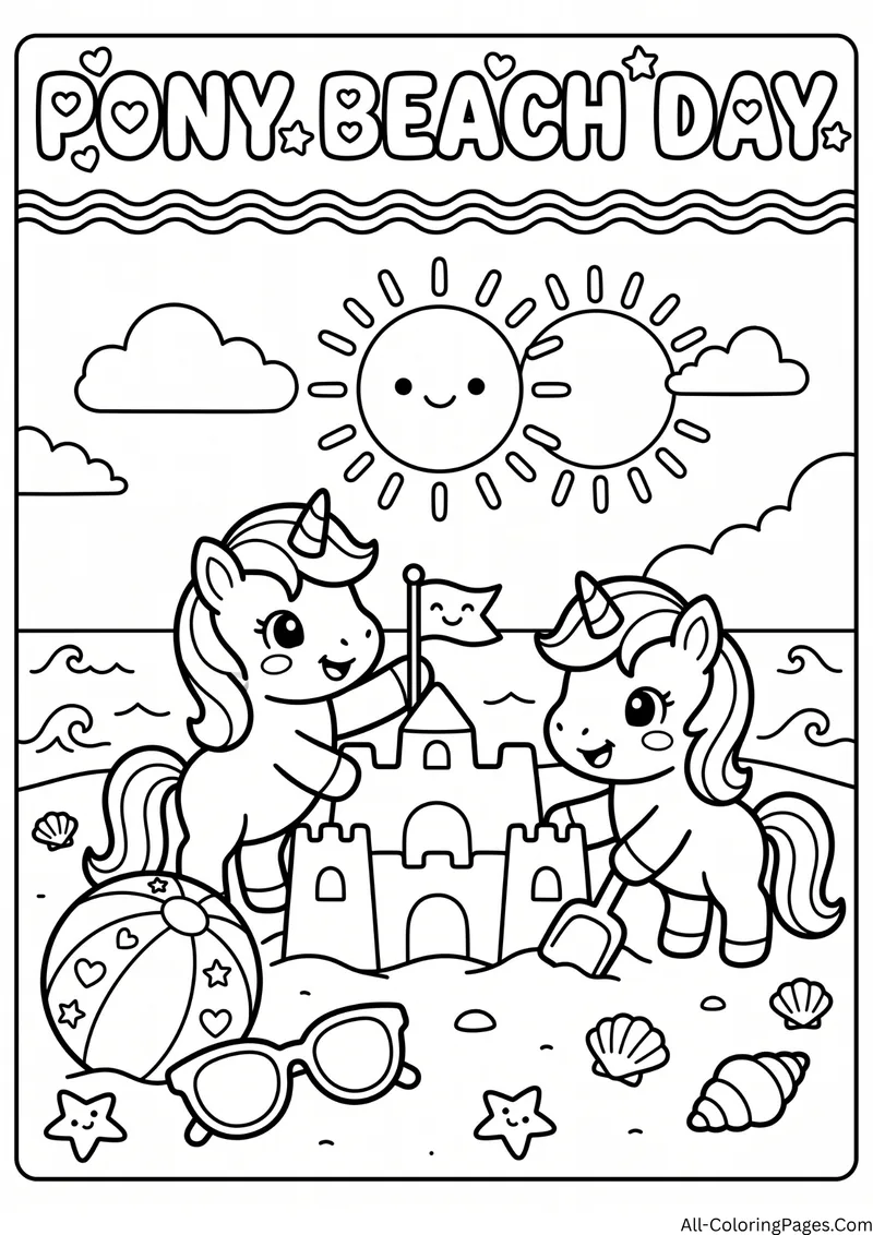 Two unicorns building a sandcastle on a beach with a beach ball, shells and a sun, with the title Pony Beach Day
