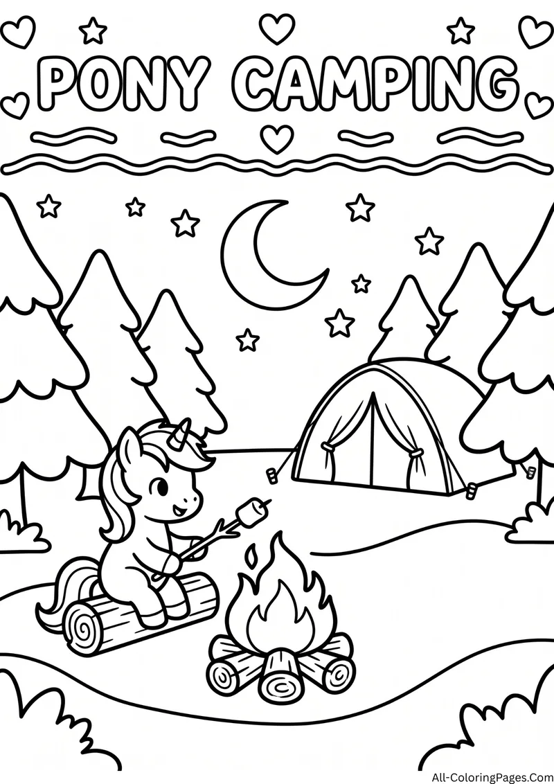 Unicorn sitting on a log roasting a marshmallow by a campfire with a tent, trees and a moon, with the title Pony Camping
