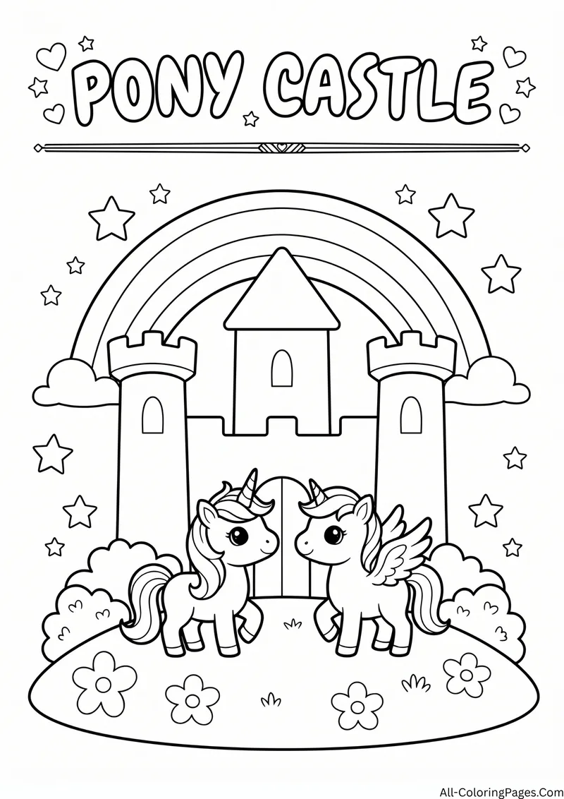 Unicorn and pegasus standing in front of a castle with a rainbow and stars, with the title Pony Castle