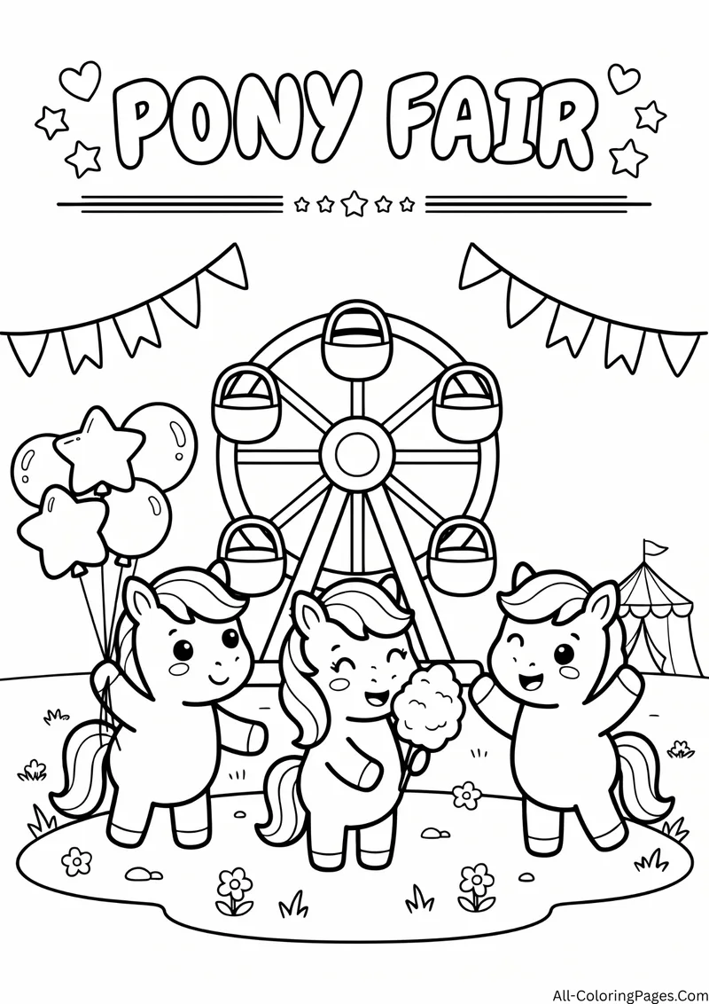 Three ponies at a fair with cotton candy, balloons and a Ferris wheel, with the title Pony Fair