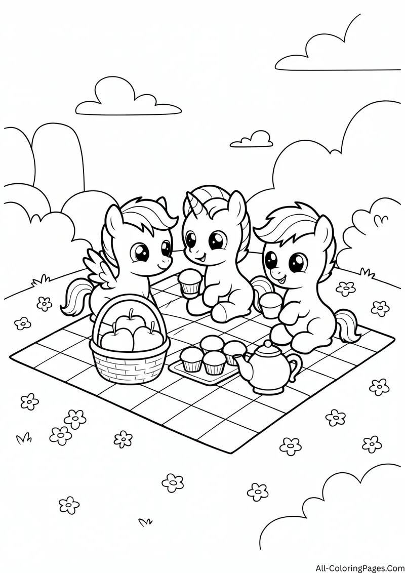 Three ponies having a picnic on a checkered blanket with a basket, cupcakes and a teapot