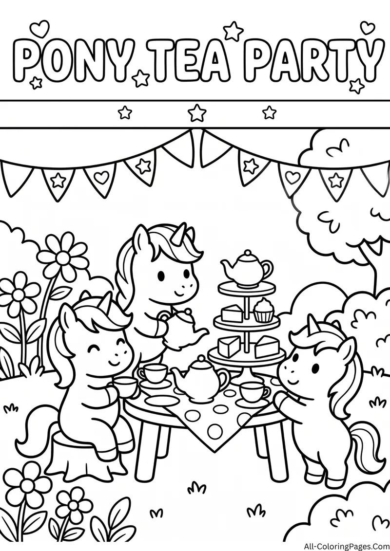 Three unicorns having a tea party at a table with cakes, teapots and bunting, with the title Pony Tea Party
