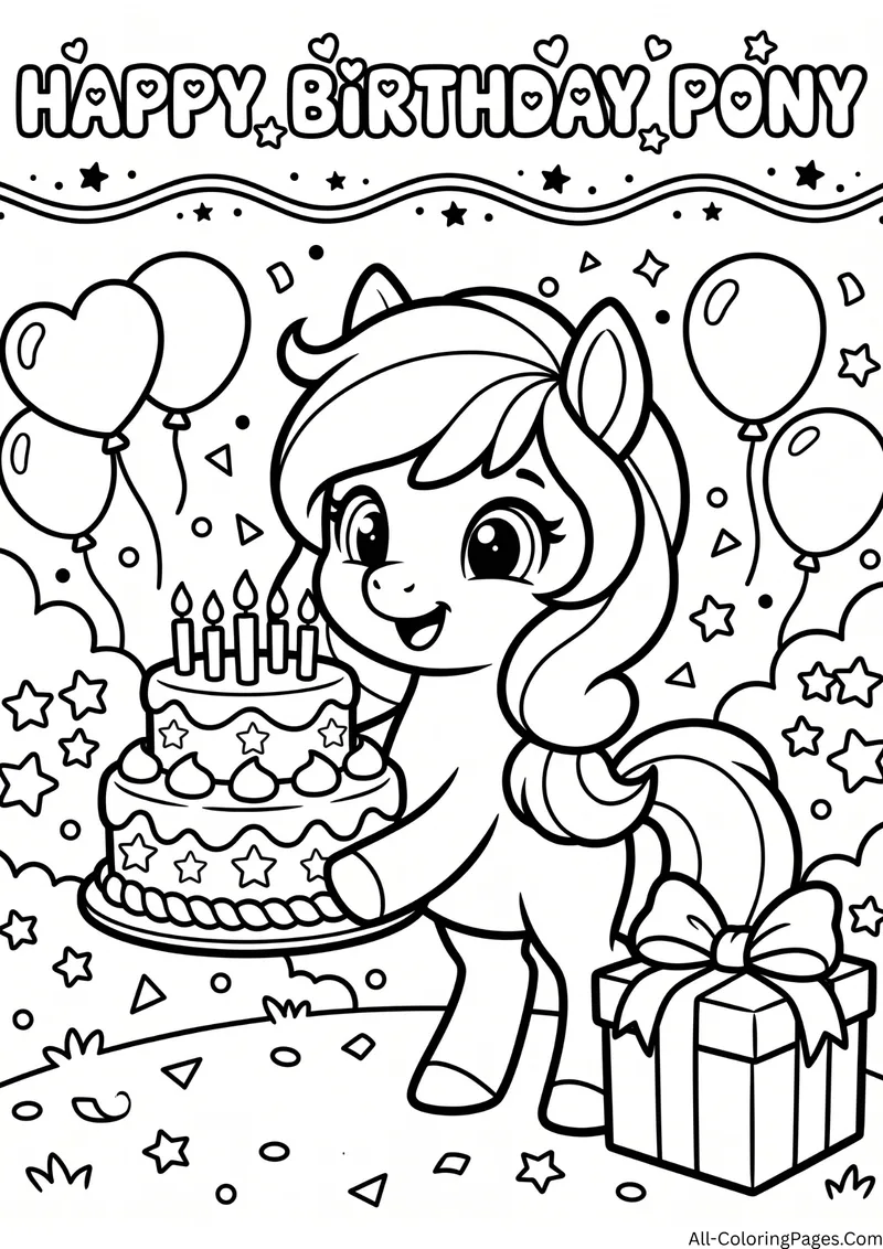 Pony holding a birthday cake with candles beside balloons and a gift, with the title Happy Birthday Pony