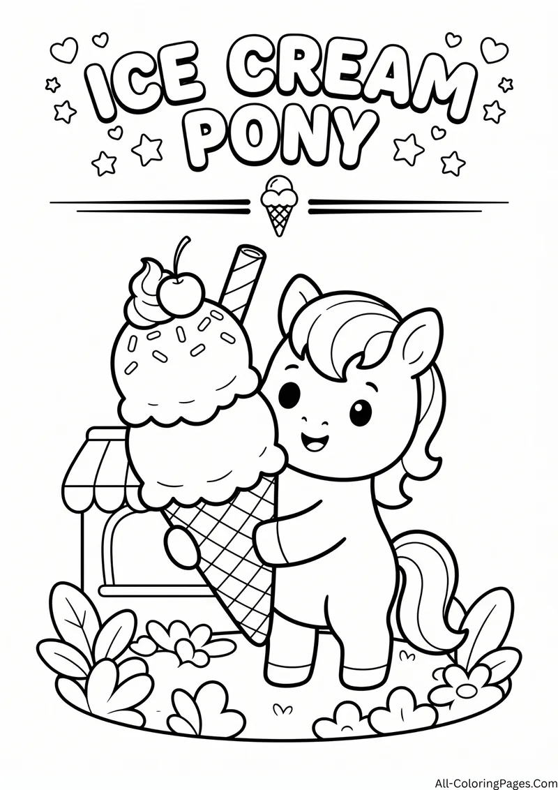 Pony hugging a giant ice cream cone with sprinkles and a cherry next to an ice cream stand, with the title Ice Cream Pony