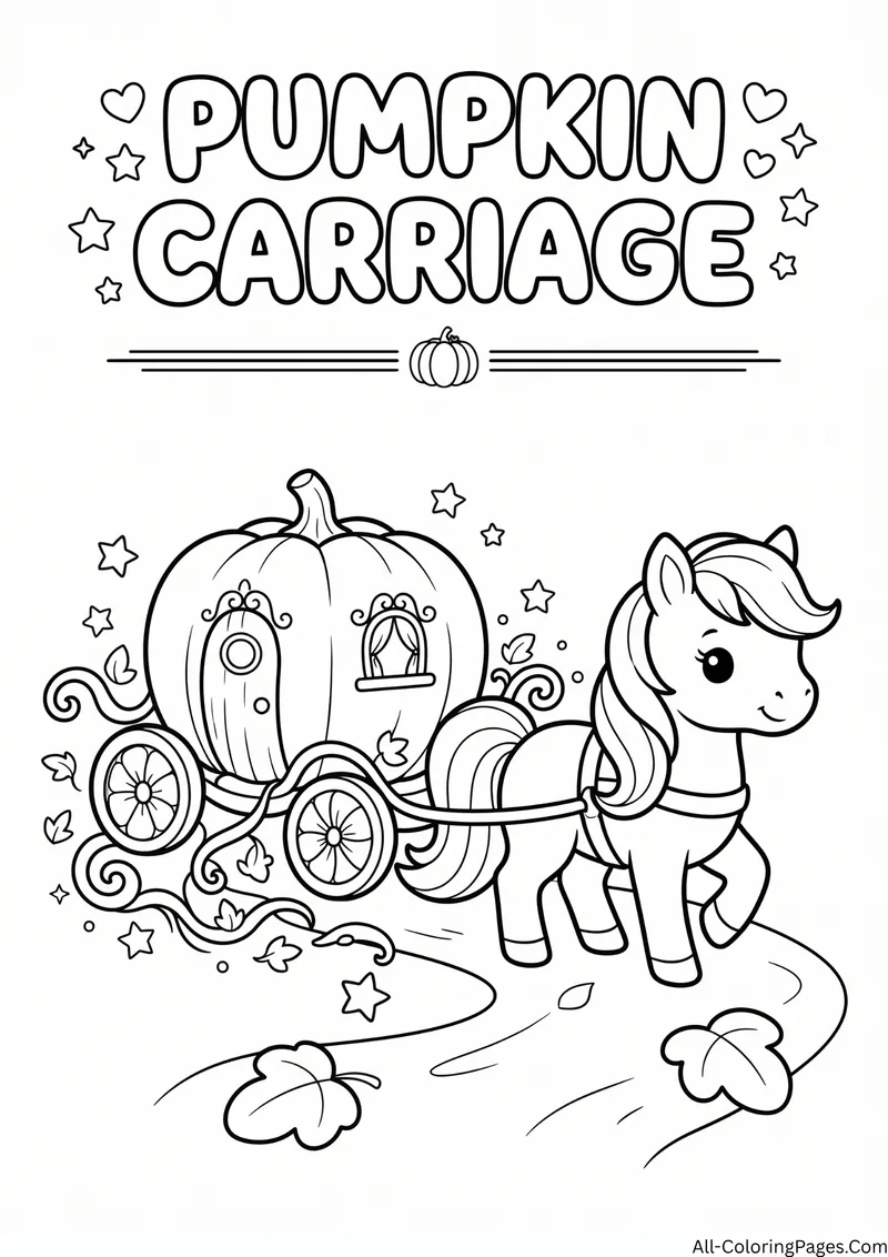 Pony pulling a pumpkin carriage along a path with leaves and stars, with the title Pumpkin Carriage