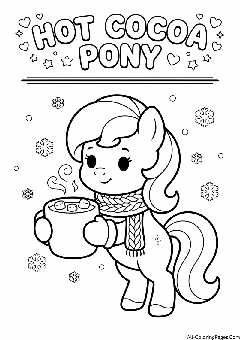 Pony wearing a knitted scarf holding a mug of hot cocoa with snowflakes, with the title Hot Cocoa Pony