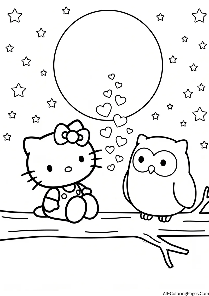 Hello Kitty sitting on a branch next to a baby owl under a huge full moon with stars and hearts