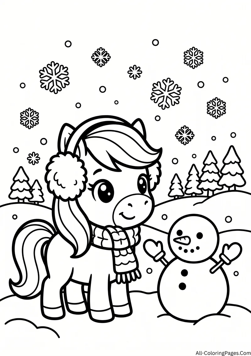 Pony wearing earmuffs and a scarf beside a snowman with snowflakes and pine trees