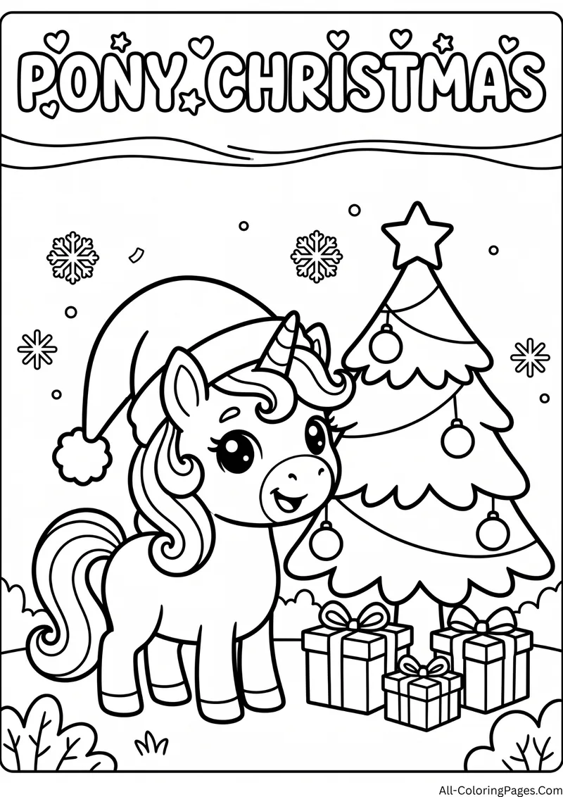 Unicorn wearing a Santa hat next to a Christmas tree with ornaments and presents, with the title Pony Christmas