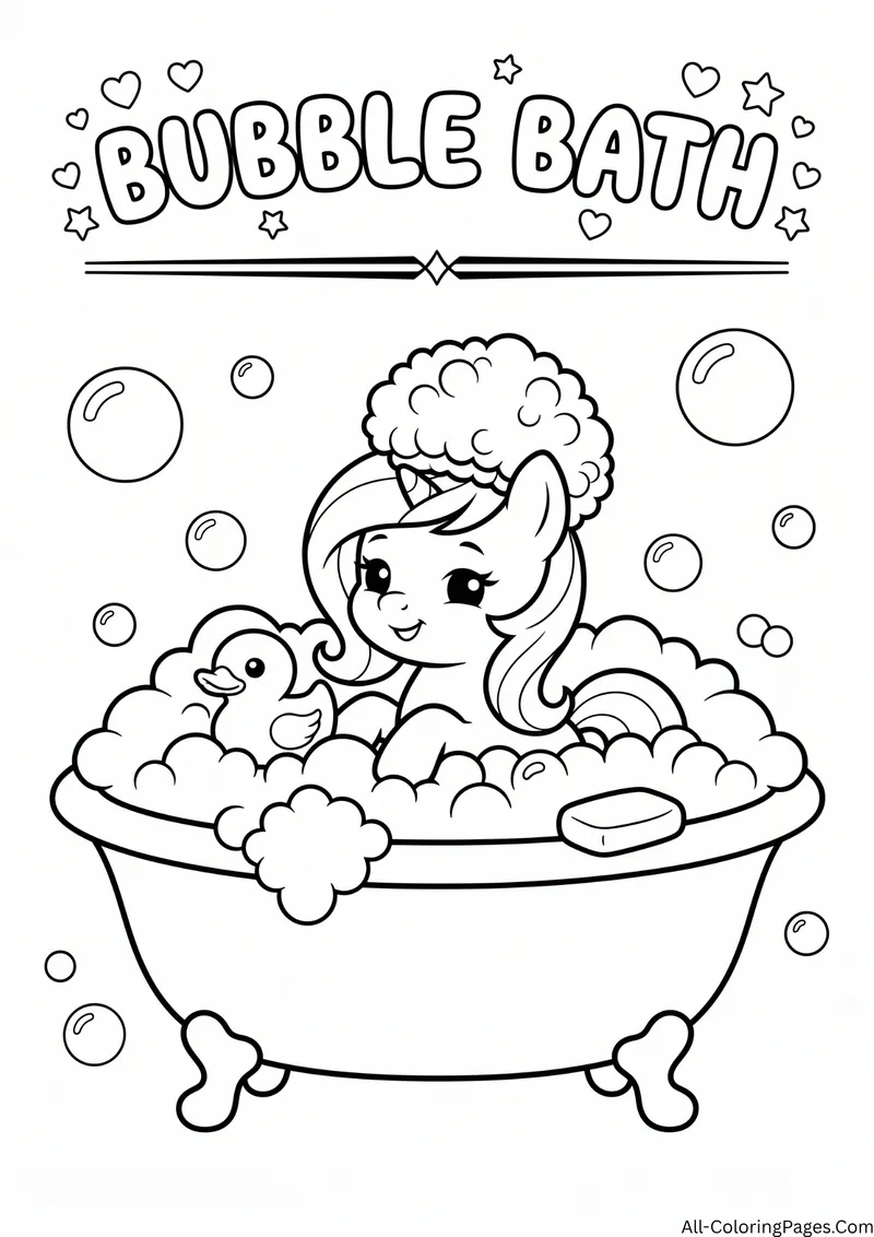 Pony relaxing in a bathtub full of bubbles with a rubber duck, with the title Bubble Bath