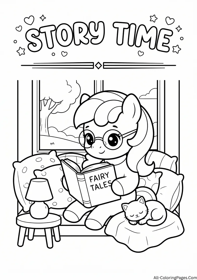 Pony wearing glasses reading a fairy tales book by a window with a cat and a lamp, with the title Story Time
