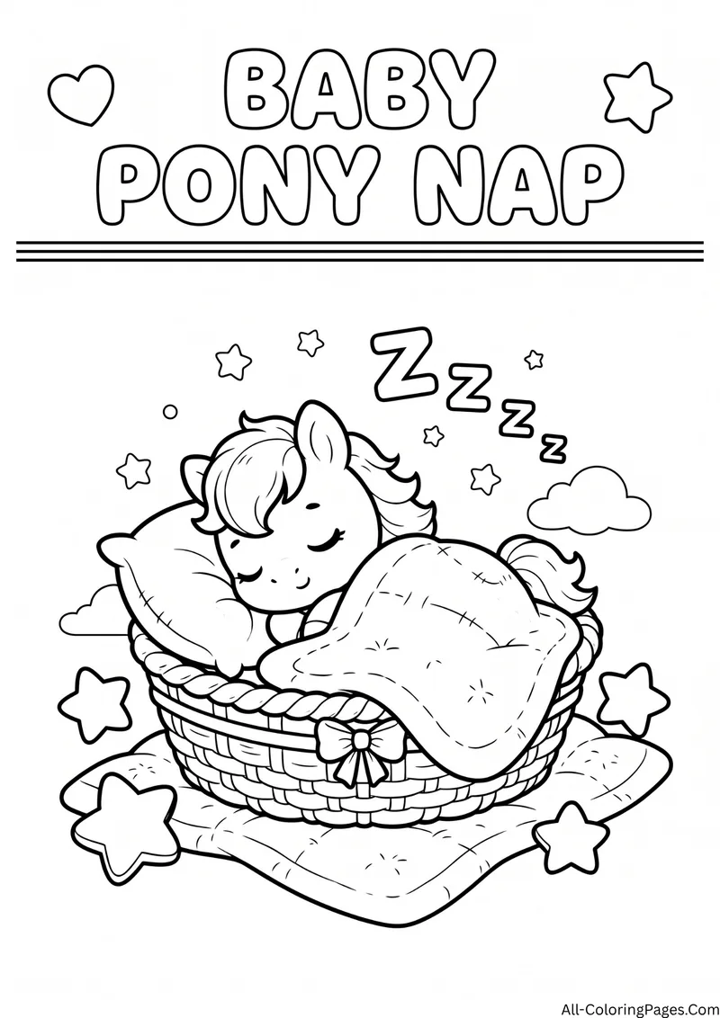 Baby pony sleeping in a basket with a pillow and quilt surrounded by stars, with the title Baby Pony Nap