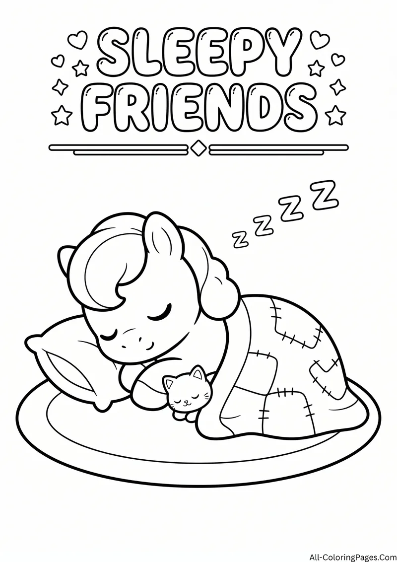 Pony sleeping under a patchwork quilt with a kitten on a round rug, with the title Sleepy Friends