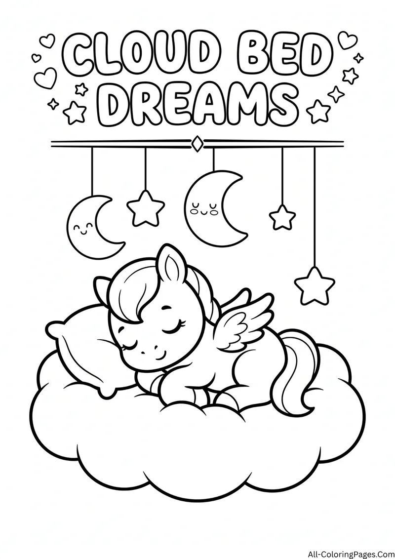 Pegasus pony sleeping on a cloud bed under hanging moons and stars, with the title Cloud Bed Dreams