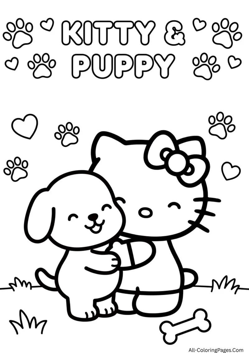 Hello Kitty hugging a happy puppy with paw prints, hearts and a bone around them