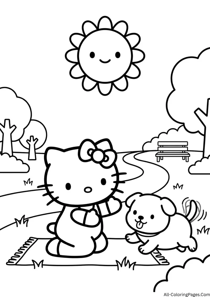 Hello Kitty sitting on a picnic blanket in a park while a playful puppy runs past a bench and a winding path