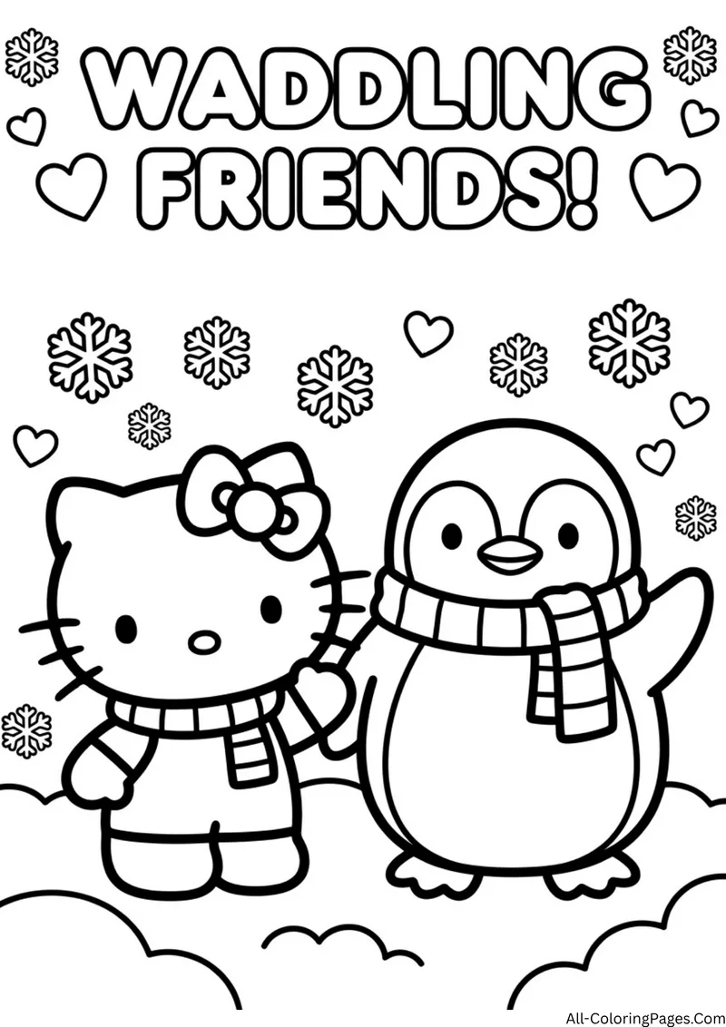 Hello Kitty and a penguin in cozy scarves standing under falling snowflakes