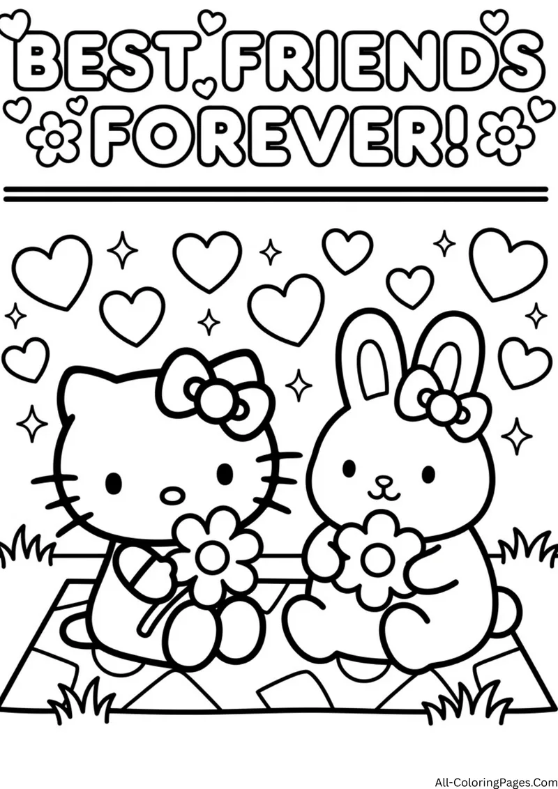 Hello Kitty and a bunny friend holding flowers on a picnic blanket surrounded by hearts