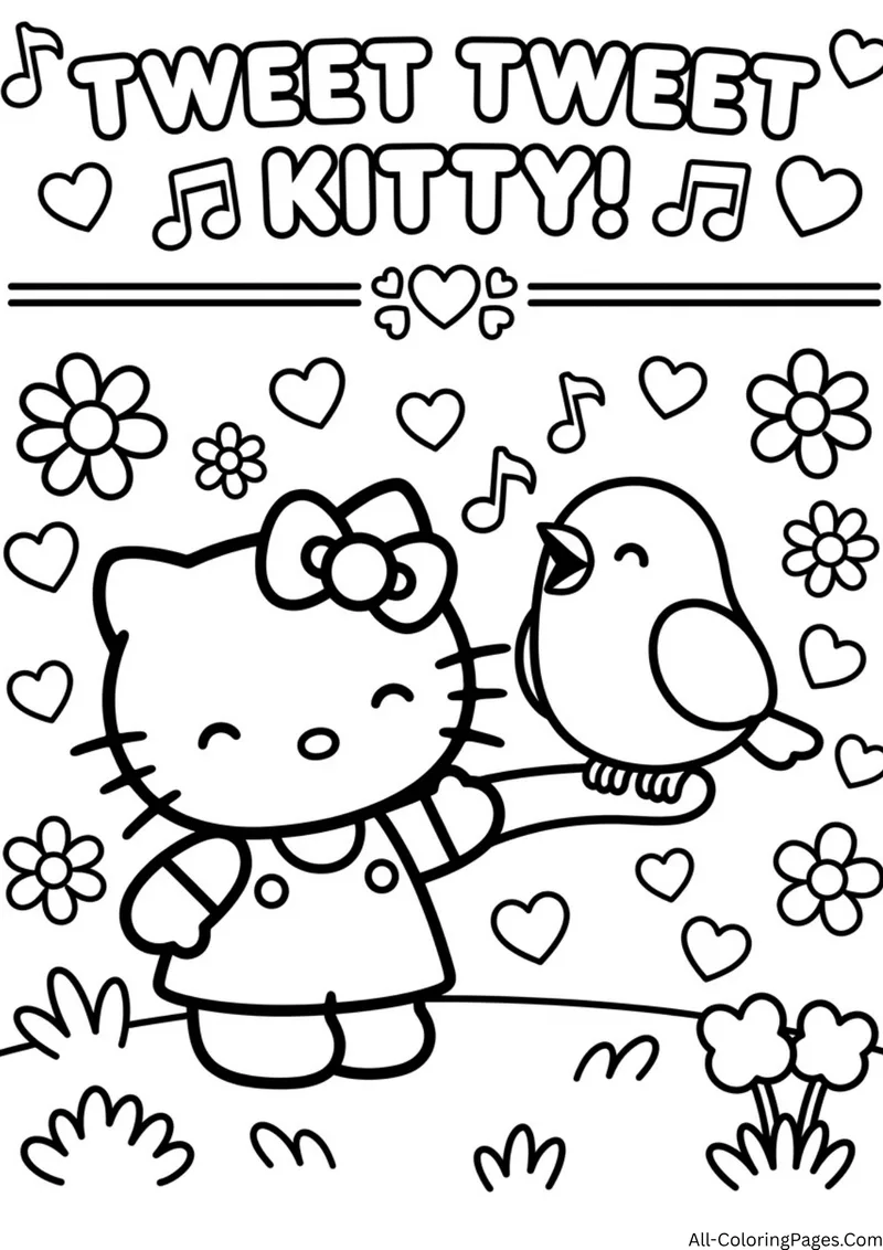 Hello Kitty smiling at a songbird surrounded by flowers, hearts and music notes