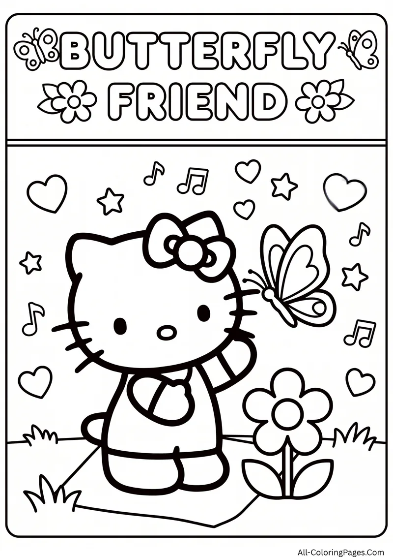 Hello Kitty waving at a butterfly beside a large flower with hearts and music notes around
