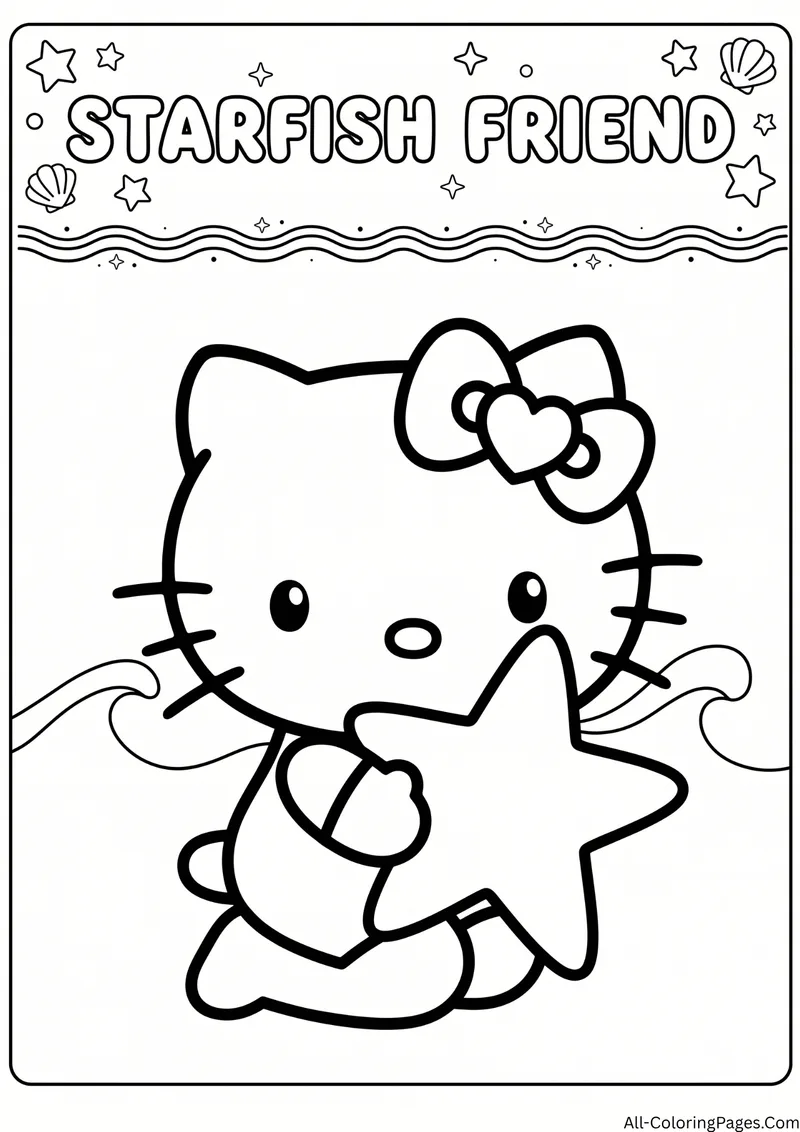 Hello Kitty hugging a large starfish with ocean waves and tiny shells in the border