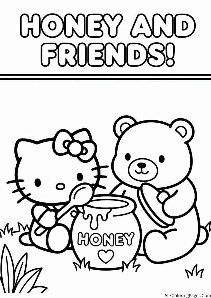 Hello Kitty holding a spoon beside a smiling bear and a pot of honey