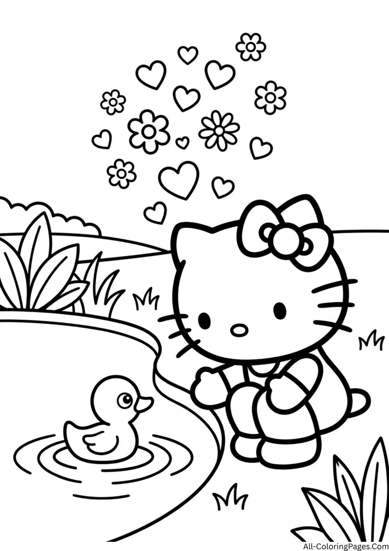 Hello Kitty crouching by a pond with a small duck floating on the water, with flowers and hearts above