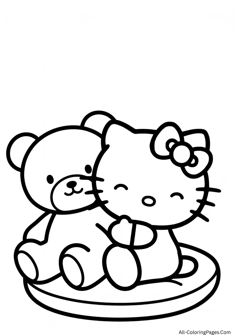 Hello Kitty hugging a large teddy bear while sitting on a round cushion