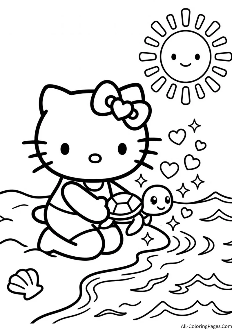 Hello Kitty sitting on the shore holding a baby turtle near waves, shells and a smiling sun