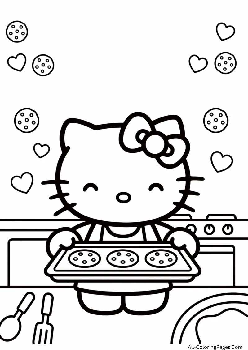 Hello Kitty holding a baking tray of cookies in a kitchen with cookies and hearts floating above