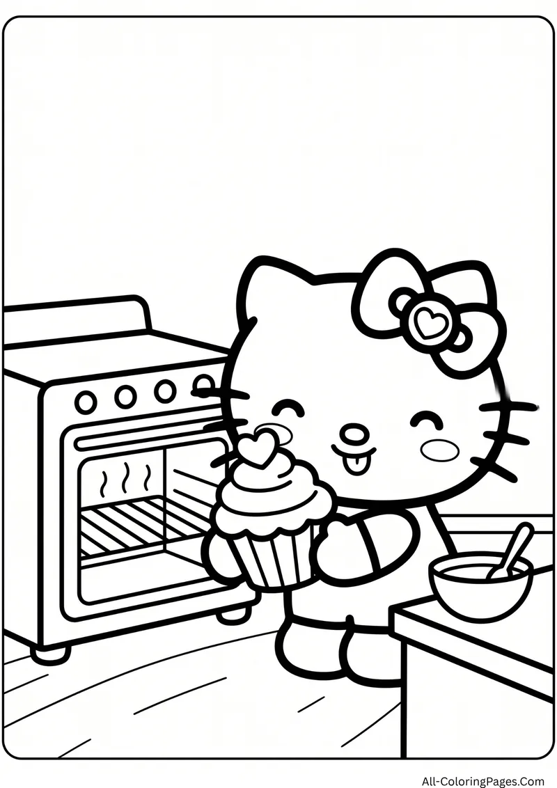 Hello Kitty holding a cupcake with a heart on top next to an oven and a mixing bowl