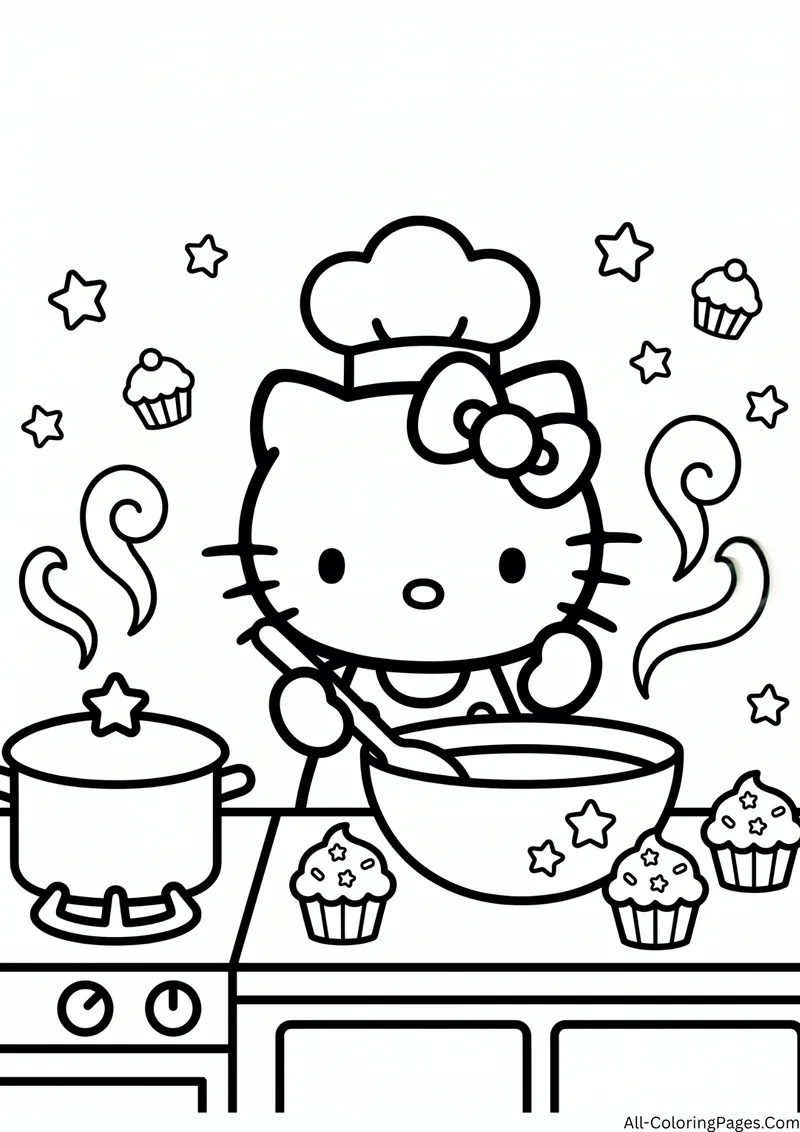 Hello Kitty wearing a chef hat and stirring a large bowl beside a steaming pot and cupcakes