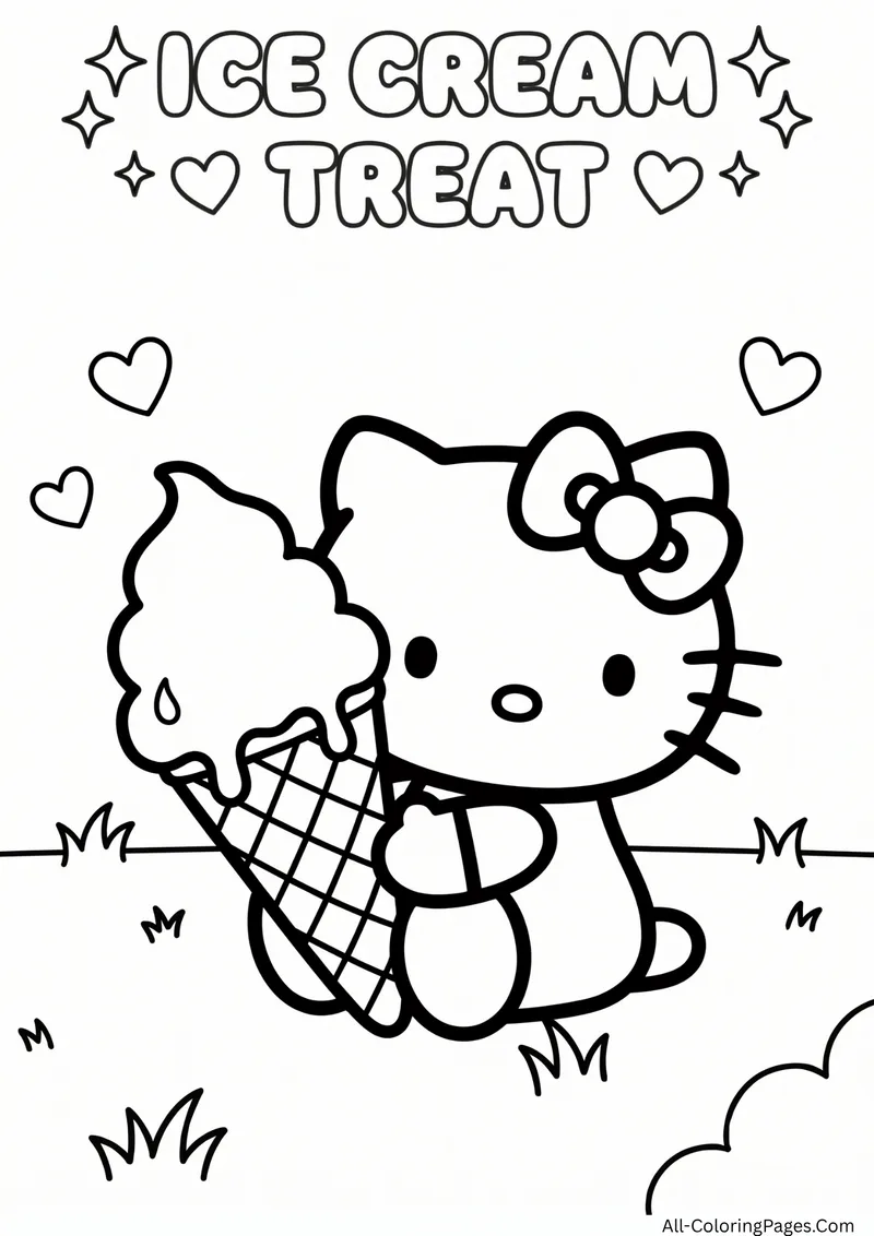 Hello Kitty hugging a giant ice cream cone with a drip, surrounded by hearts