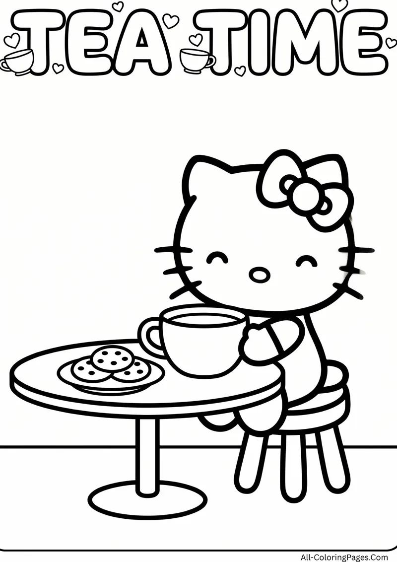 Hello Kitty sitting on a stool at a round table with a big cup of tea and a plate of cookies