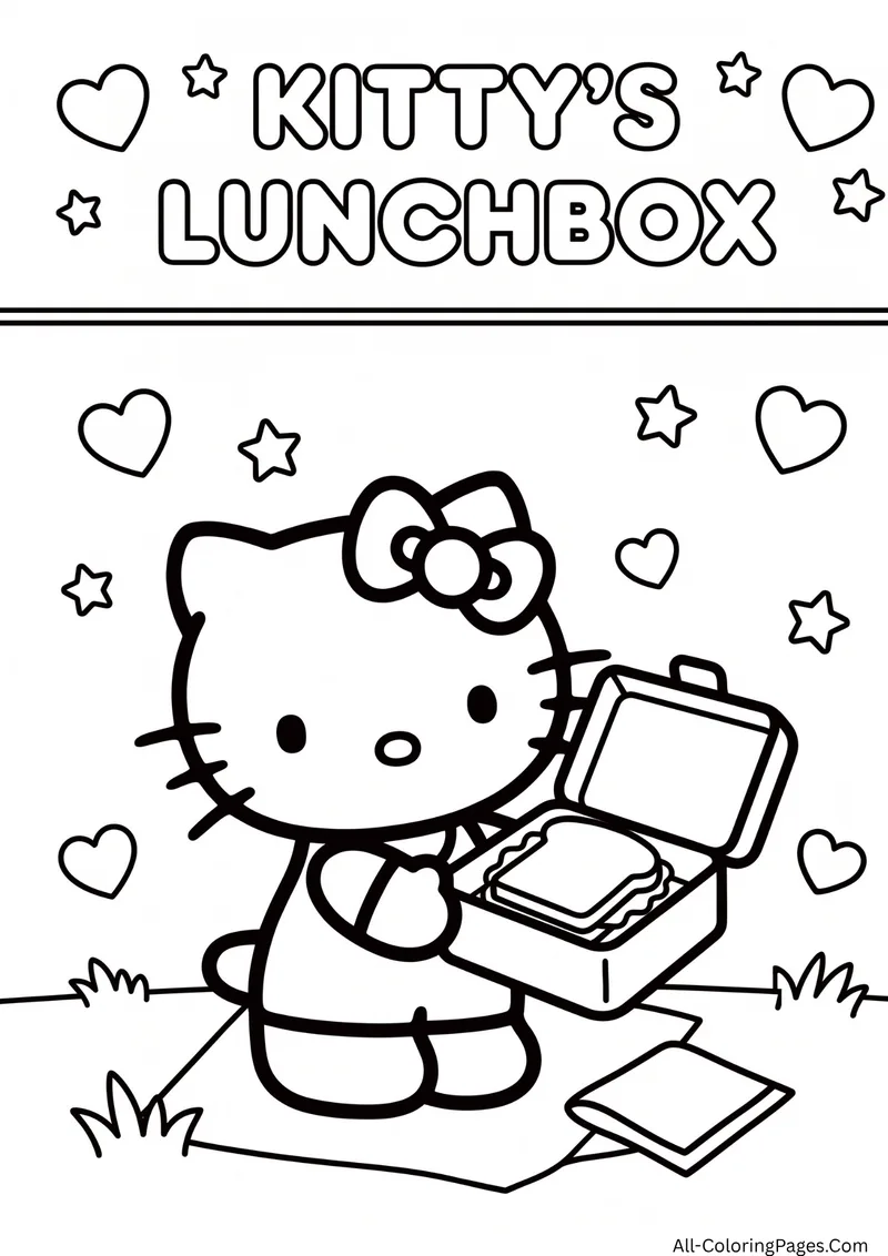 Hello Kitty opening a lunchbox with a sandwich inside, with hearts and stars in the background