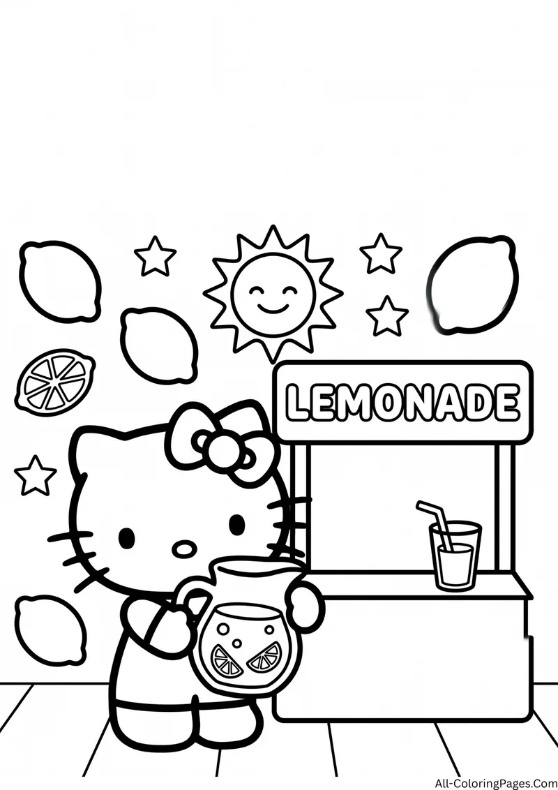 Hello Kitty holding a pitcher of lemonade beside a lemonade stand with lemons and a smiling sun