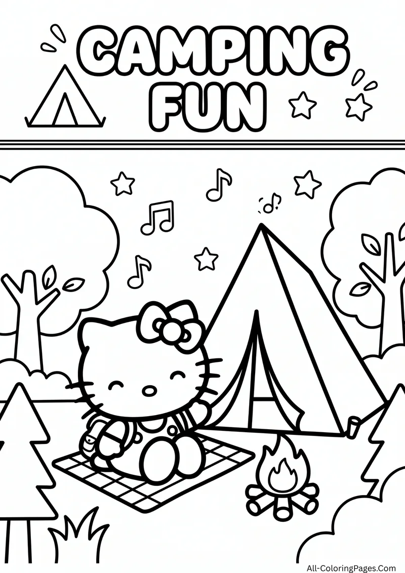 Hello Kitty sitting on a checked blanket next to a tent and a campfire, with trees and music notes
