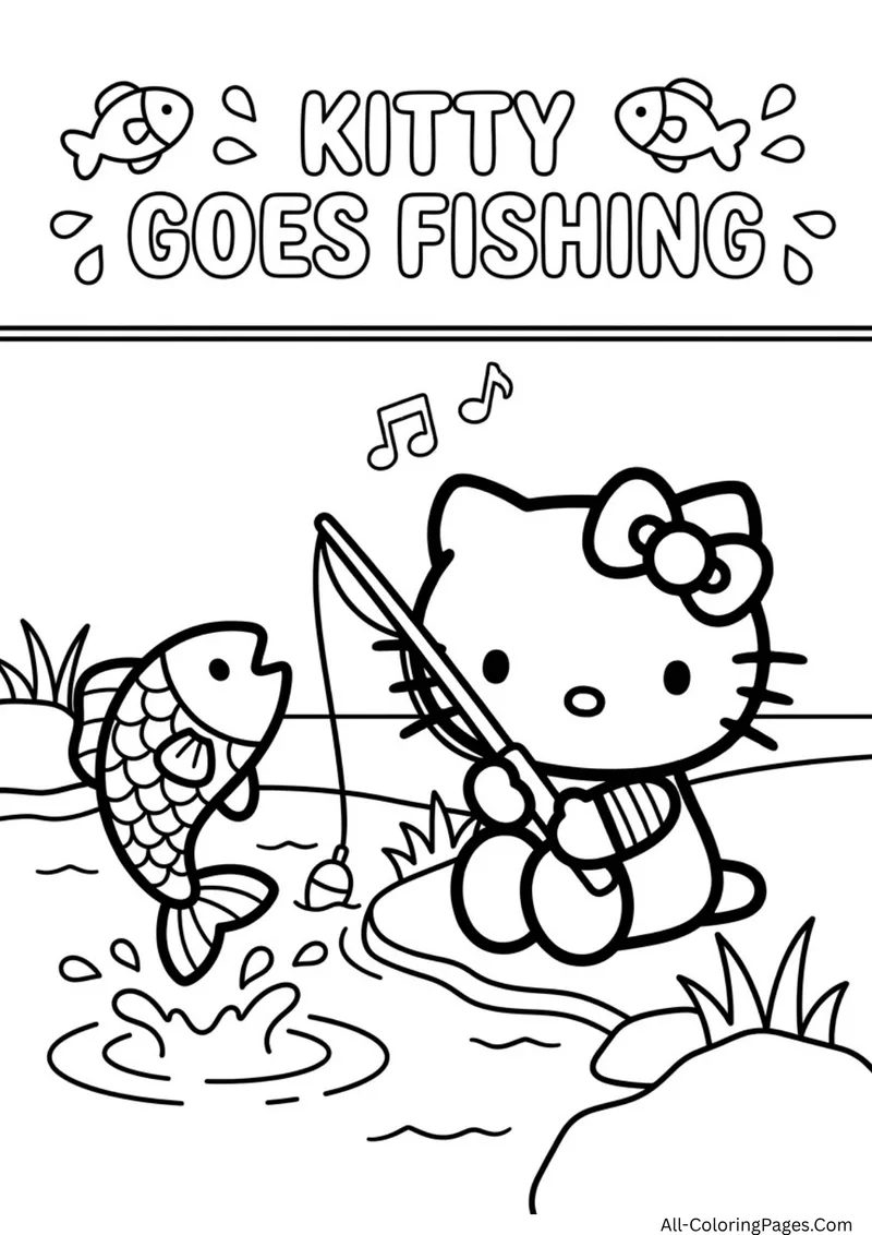 Hello Kitty holding a fishing rod beside a stream with a fish jumping out of the water