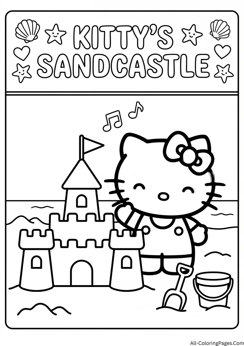 Hello Kitty standing beside a tall sandcastle with a flag, a bucket and a small spade