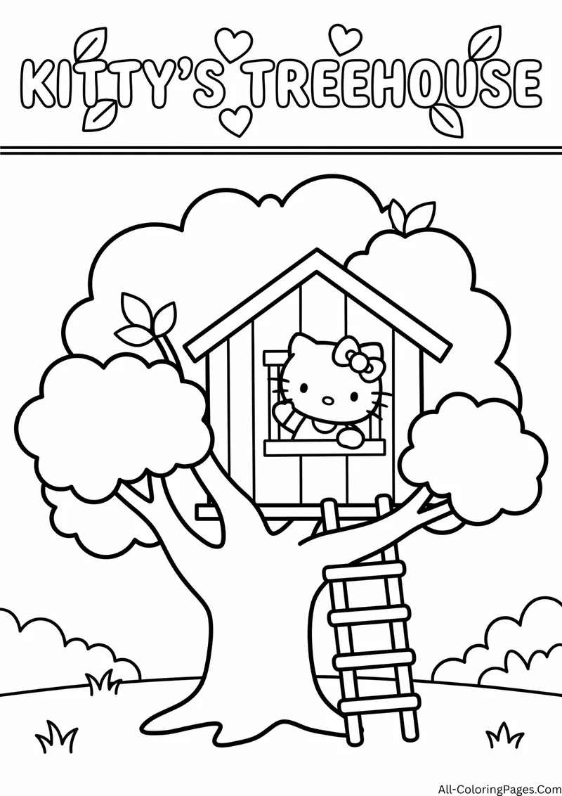 Small Hello Kitty looking out of a treehouse window in a big tree with a ladder