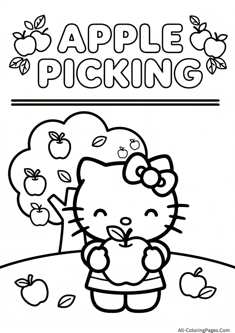 Hello Kitty holding an apple under an apple tree with more apples on the grass