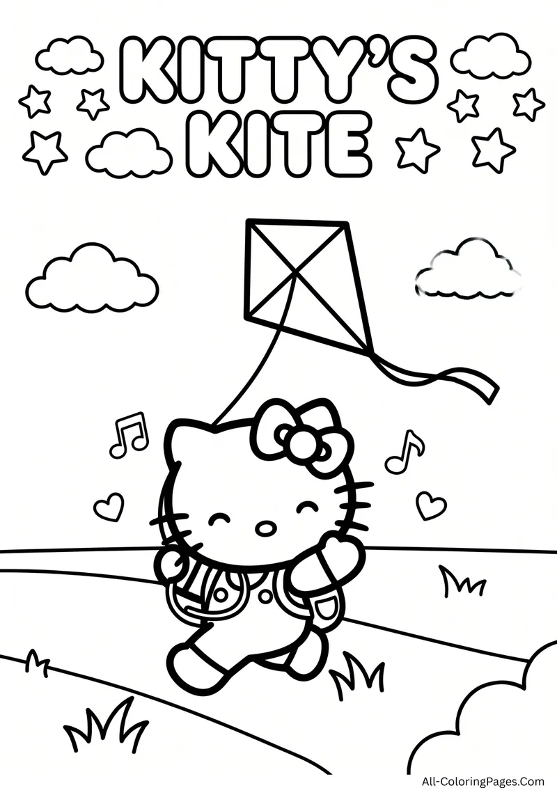 Hello Kitty walking on a grassy hill while a diamond shaped kite flies above her, with clouds around
